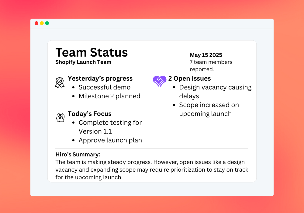Team status report showing progress, focus areas, and open issues